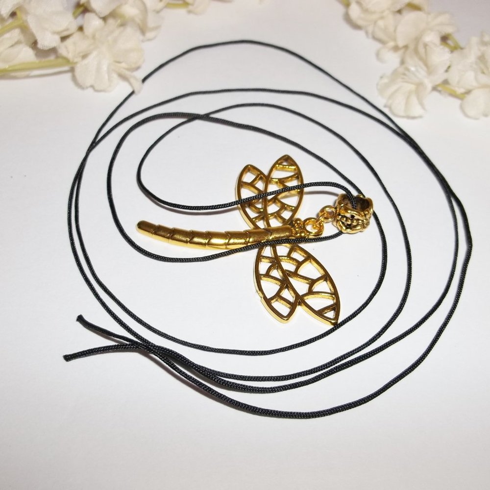 Large Gold Dragonfly Necklace Statement Gift Idea Big Adjustable Length NWT 7282 - Picture 5 of 11